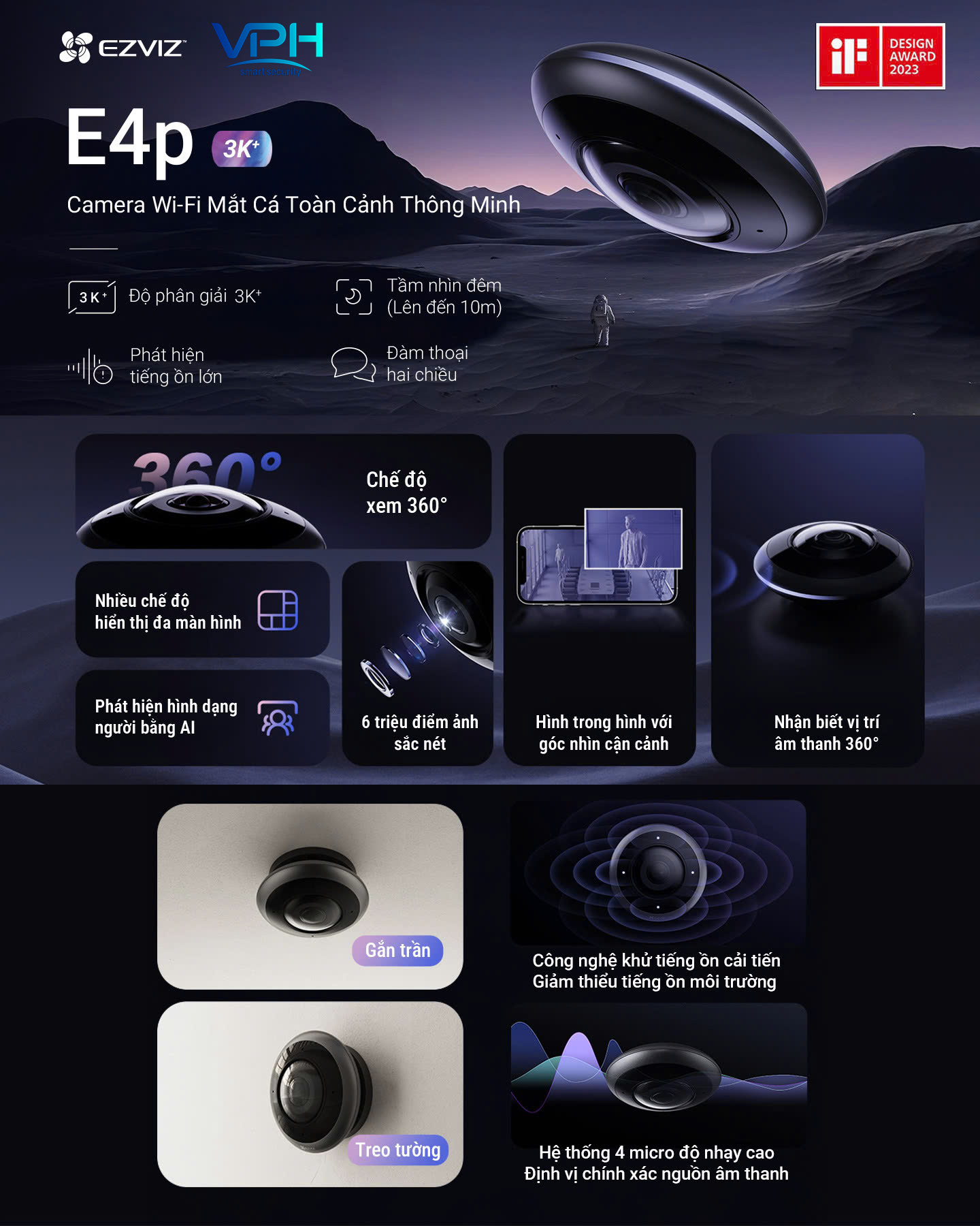 Camera Wifi mắt cá trong nhà 6MP EZVIZ E4P 3K+